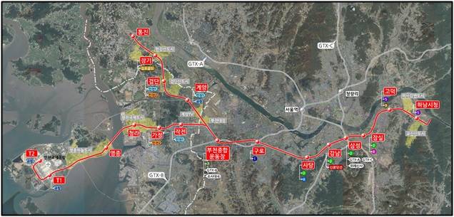 인천시가 지난 2020년 국토교통부에 제안한 서부권광역급행철도(GTX-D) 노선안. 이재명 더불어민주당 대선 후보가 대통령이 되면 이런 형태로 노선이 개편될 가능성이 크다. 인천시 제공