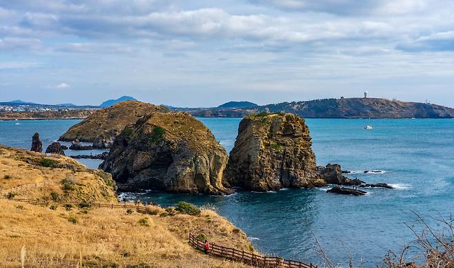 차귀도는 한번에 55명만 허락하는 무인도다. 차귀도 등대 쪽에서 내려다본 쌍둥이바위. 멀찌감치 수월봉의 모습이 보인다.