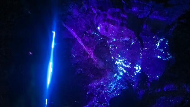 지난달 25일 강원 영월군 상동읍 알몬티대한중석 갱구 내에서 '미네랄라이트'를 비춰 발견한 텅스텐(흰색 물질). 김형준 기자