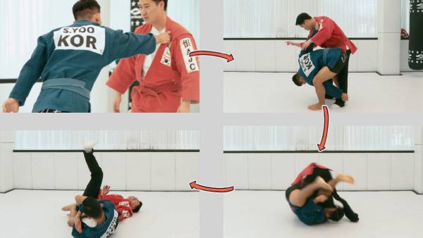 ‘롤링 니바(rolling knee bar)’를 시연하고 있는 유수진 관장. 오찬영PD