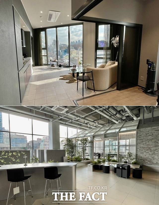 SK디앤디는 오는 2026년까지 서울 1만5000여 세대를 공급하겠다고 밝혔다. 사진은 에피소드 강남 호실 모습, 아래는 에피소드 웍스 공간. /이민주 기자