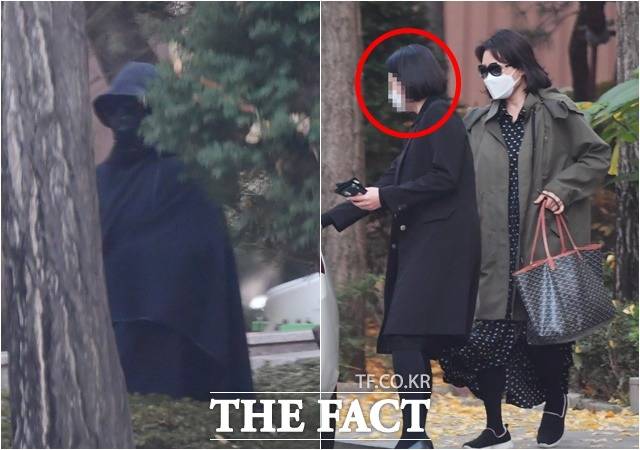 지난해 11월 15일 낙상 하고 후 6일 만에 외출하는 김혜경(맨 오른쪽)씨와 김 씨 대역(맨 왼쪽), 경기도청 근무 당시부터 수행했던 전 5급 공무원 배 씨(붉은 원). /분당=이덕인 기자