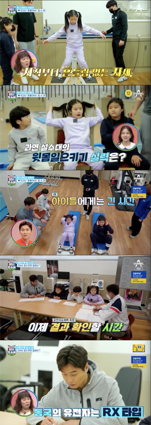 I cant cheat on blood Lee Dong-gook shocked to see results of his wifes motor genetic testIn the channel A entertainment program Super DNA Blood is Candy (Abbreviated Blood Cant Be) broadcasted at 10:20 pm on the 21st, Seol, SuA and Cyan, who are tested for motor genes, were portrayed.Theres a test to find a genetically suitable sport, its said its possible to identify which exercise DNA you have, Lee Dong-gook said, referring to the test.The four tested their basic physical fitness after genetic testing and body composition tests. The first was a dynamic balance test.SuA was surprised to be centered for the instrument in a steady position, and the second Cyan also centered with excellent concentration and balance.Finally, SuA was a challenge, it was hard to get at the center at first, but eventually it succeeded.Its different from the balance board we did - were measuring all the way to which side it was tilted, Lee Dong-gook explained.The second was an agility test: SuA had 31; Cyan had 38; and Seolah had 35; three times he carried out sit-ups.SuA had 11 and Seolah had 13 and Lee Dong-gook, who had 60 in active duty, barely exceeded 50.He said, I think it is active, but my body is not active.Based on 12 test results, the test results came out. Dr. Min Seok-ki, who helped the measurement, said, Motor genes are classified as PR, RX, and X X.In general, R represents muscle power, X represents earthiness; because each parent inherits one thing, like a blood type, both parents have an RR gene, and their children are RR. Lee Dong-gooks gene is an RX type.All of SuA and Cyans genes were analyzed as RX; SuAh, who heard the test results, was desperate; SuAh said, I wanted my mother to look like her because she was so much better.Lee Dong-gooks wife Lee Su-jin was analyzed as an RR type; Dr. Min Seok-gi said, My mother has a super DNA, he continued, R is the dominant factor.If you have two Rs, its a gold medal gene, he explained.Channel A I cant cheat on blood broadcast screen capture