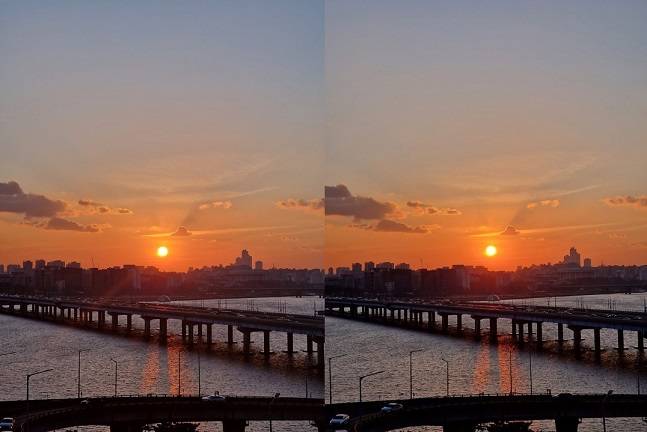 갤럭시S22 플러스(왼쪽) 울트라(오른쪽)로 찍은 사진. 미세한 차이지만 오른쪽 사진이 빛번짐이 적고 색이 선명하다./사진=백유진 기자 byj@