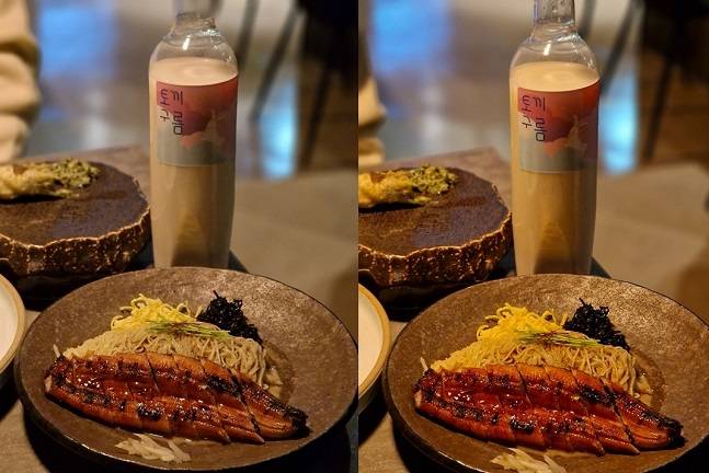 갤럭시S22 플러스(왼쪽) 울트라(오른쪽) 인물 모드로 찍은 사진. 오른쪽 사진이 색이 더 선명하다. 막걸리병을 보면 뒷 배경과의 구분도 오른쪽 사진이 더 뚜렷하다./사진=백유진 기자 byj@