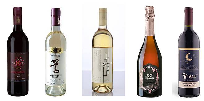 국산 와인. 왼쪽부터 샤토 미소, 여포의 꿈, 그랑꼬또 청수, 오미로제 연, 덕유 달1614 와인.
