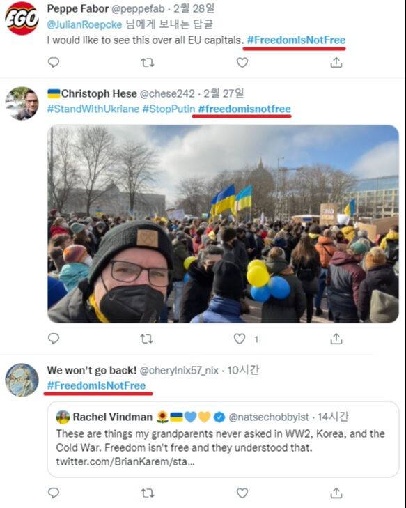 트위터에 올라온 우크라이나 응원 게시물들. 하나같이 한국의 6·25전쟁을 상징하는 ‘#FreedomIsNotFree’ 해시태그(빨간줄)를 붙인 점이 눈에 띈다. SNS 캡처