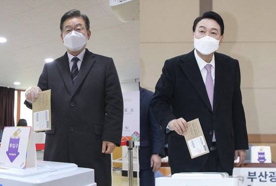 이재명 더불어민주당 대선 후보와 윤석열 국민의힘 후보는 지난 4일 사전투표를 마쳤다. 윤 후보는 부산 남구청 대강당에, 이 후보는 서울 소공동 주민센터에 마련된 사전투표를 찾았다. 송봉근 기자