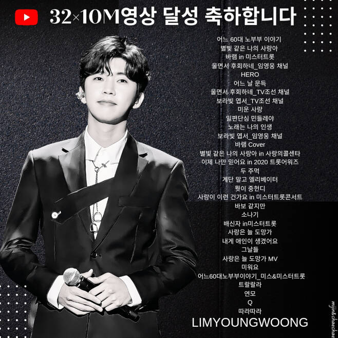 Im Young-woong achieved 10 million views on stage following her official YouTube channel on Wednesday, reaching 32 million views. Thats a huge record.The Im Young-woong Love Call Center video, which was released on the official YouTube channel on February 27 last year, is a stage for big healing.The lyrics with genuine comfort in the voice of Lim Young-woong, which is good to hear, give comfort.The achievement of 10 million views of Follow also added a special meaning.Following Elevator, What is the middle of the stairs, Showaway, I hate, all the songs that Lim Young-woong sang during his unknown days before appearing in Mr. Trot reached 10 million views.As of March 11, 32 videos of Lim Young-woongs 10 million views include Some 60-something Old Couple Story (Mr. Trott), My Love Like Starlight (Music Video), Watch (Mr. Trott), I regret crying (Mr. Trott), HERO (Music Video), One Day Suddenly (Romantic call centre of Love), I regret crying (TV Chosun), Portrait Postcard (TV Chosun), Ugly Love (cover), One-sided Dandelion (Mr. Trott), Song is My Life (Romantic call centre of Love), Portrait (Mr. Trottt), Barram (cover), My Love-like Love-A-A-A-A-A-A-A-A-A-A-A-A-A-A-A-A-A-A-A-A-A-A-A---A-A-A--A-A-A-A-A-A-A- Dujukk (Mr. Trott), An Elevator Not Staircase, Whats a Junghundi (Romantic call centre of Love), Is Love This Like This (Mr. Trot Concert), Its Foollike (Sonarchy of Love), Showers, Traitor (Mr. Trott), Love Always Runs sound video, I Got a Love (Collcenta of Love), Days of the Day (Romantic call centre of Love), Love Always Runs Music Video, I Hate (Romantic call centre of Love), Some 60 Old Couples Story (Miss & Mr. Trotts Official Account), Tralala (Romantic call centre of Love), Yeonmo (Taste of Mr. Trott), Q (Taste of Loves Romantic call centre, Folcenta (Following Loves Love) Romantic call centre).The most-watched video is going to 52 million views with the Music Video My Love Alike Starlight, followed by One 60 Old Couple Story looking at 51 million views.It is also a result and gift of the hero era, which is always cheering silently by Lim Young-woong.The video featured Lim Young-woong, who was in the third ace of the TV Chosun Mr. Trot finals. Lim Young-woong showed a stories of a 60-year-old couple with a heavy sensibility and captured viewers.In the middle of the stage, Lim Young-woongs whistle is considered as a white rice. Lim Young-woong showed tears at the end of the stage.Emotional craftsman Im Young-woong can be felt properly.My love like a star is a song that left a great mark on the life of Lim Young-woong and the Korean song history.Lim Young-woong was a trot Singer with My Love Love like a Starlight, and not only recorded the record of being ranked number one in music broadcasting in 14 years, but also enjoyed the joy of winning three trophies in music broadcasting.He wrote a brilliant history, including the top of the download chart in the first half of the Gaon chart.On March 8, the day before the first anniversary of the release of My Love, like Starlight, I stepped on the 51 million view notice.The video Mr. Trott preliminary broadcast A group A Lim Young-woong Barram released on January 3, 2020 year YEAR year year is loved even after two years of public release.My Love, like Starlight, has since poured out various records and wrote a new Korean song history. Lim Young-woong will be on MBC song ranking program Show!He won first place in the music center and wrote a record of 1st place in trot Singer music broadcasting for 14 years.In addition, SBS MTV and SBS FiL The Show added the first trophy, and SBS MTV and SBS FiL The Trot Show, which was held on the last day of March, ranked first in March, and achieved three music broadcasts with the Hall of Fame.In addition to the charm of New In-house Lim Young-woong in his second year of debut, it is a video that can feel the charm of cover artisan Lim Young-woong.In the Lim Young-woong channel, the stage where Lim Young-woong presented with the original Singer Jin Mi-ryong in Romantic call centre of Love is also revealed.Showers is a song released by Lim Young-woong with I hate you as his debut song on August 8, 2016. The video contains the charm of Lim Young-woong, who will grow into emotional craftsman.Lim Young-woong threw the final game of the TV Chosun Mr. Trot final with the authentic old trot song Traitor of the city announced in 1971.Lim Young-woong recreated Im Young-woong traitor as an emotional craftsman with the emotion of assets, and the winner was well-known.Lim Young-woong was impressed by his explosive singing ability on the stage that was presented at the anniversary of his father who left his childhood.Love Always Runs, which was noticed as the first OST of Lim Young-woongs debut, is the main OST of KBS 2TV weekend drama Gentleman and Girl, and is loved by Lim Young-woongs sweet voice with full charm of autumn.In the video, Lim Young-woong was singing Na Hoon-as I have a lover in the TV Chosun Romantic call centre of Love.Lim Young-woong, who started the stage with a whistle and started the stage comfortably, painted the stage with a bright expression of a sweet appearance as if he had a real lover.Im Young-woongs sweet voice is a great masterpiece, Im Young-woongs Legend.The video featured the stage of the late Kim Kwang-seoks Days of the Day, which Lim Young-woong presented in a new special feature of the TV Chosun Romantic call centre of Love vocals.Lim Young-woong, the first artisan of the first verse, said, Only thinking of you, only to be able to see you.Lim Young-woong, who was singing like a poet, played a perfect stage with explosive singing ability by raising the middle half of the song.Lim Tae-kyung praised Lim Young-woong on stage, saying, I have a genius in putting emotions in sound.The Music Video Love Always Runs followed 1 million views on October 13, 2 million views on October 15, 3 million views on October 19, 4 million views on October 26, 5 million views on November 3, 6 million views on November 12, 7 million views on November 22, 8 million views on December 9, and 10 million views on December 96.After the release of Love Always Runs, he was ranked as the essence of Lim Young-woongs ballad. He won the music charts by climbing the top of the domestic music platform in real time. In YouTube, Music Videos and audio tracks ranked first in popular video and first in popular music. .The video included Lim Young-woongs I hate you stage, which was presented on TV Chosun Romantic call centre of Love.The Right Young Lim Young-woong was politely bent 90 degrees to start the stage and then caught the fan with a song that sounded the heart.I hate you is Im Young-woongs debut song, released on August 8, 2016. It is the image that can feel the highest emotion of Im Young-woong, who has become the top star.On February 21, 2020 year YEAR year year, the full version of Miss & Mr. Trot Donation Team Mission Pong Bouquet, Lim Young-woongs 60th Old Couple Story released on YouTube channel Miss & Mr. Trott, exceeded 10 million views on February 4.This stage is considered to be one of the legendary stages that Im Young-woong presented in the TV drama Mr. Trot. Im Young-woong, who started the stage tremblingly, enhanced his emotions and added his impression with a sad whistle.The impressive stage was finished with the hot tears of Lim Young-woong and added impression.Composer Cho Young-soo commented on Lim Young-woongs stage on the day, I made the merits of the late Kim Kwang-seok his own. He called Lim Young-woong a Singer with a great magical power.The stage received a maximum score of 934 points for the judges.The video featured a comical stage of TV Chosun Romantic call centre of Love Trot Aid 2nd Round UV Yoo Se-yoon, Muji and Woong V.Im Young-woong added fart performance and gave fans a great deal of fun. This is the image that falls for Im Young-woongs charm.The video contains the stage of Wind Moe, which was presented by Lim Young-woong in the TV Chosun Mr. Trots Taste broadcast on March 26, 2020 year YEAR year year.Wind hair is a strong recommendation song of Lim Young-woongs strong support group hero era.MC Kim Sung-joo introduced Lim Young-woongs Wind Moe stage and said, The second life song of Lim Young-woong, who could not call it crazy, is Park Woo-cheols Wind Moe.Lim Young-woong was impressed by singing with his heart as if he were conveying this song to the heroic age recommended.On April 2, last year, Lim Young-woongs official YouTube channel, Im Young-woong Q Love Call Center video, was on the 10 million view mark on March 1.In the video, Cho Yong-pils Q stage, which Lim Young-woong showed in TV Chosun Romantic call centre of Love, was included.Lim Young-woong was a sweet stage of a sweet voice and shone the aspect of emotional craftsman. Lim Young-woongs stage on this day proved his impressive impression with 100 points.In the video, the stage of Follow, which Lim Young-woong showed in TV Chosun Romantic call centre of Love, was included.Lim Young-woong came to the stage of Romantic call centre of Love with his 2017 song Follow and gave a warm healing to a difficult world with a genuine comfort.moon wan-sik
