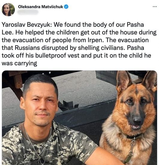 Korean-American Ukraine actor Pasha Lee was reportedly wearing his bulletproof vest to his child at the end of the day, as he died helping a citizen evacuate on the battlefield.On Saturday, Center for Civil Liberties (Ukraine) said on social media, I found Pasha Lees body.He helped children get out of the house while evacuating people from Irpen, where Russians shelled civilians to disrupt evacuations.Pasha took off her bulletproof vest and put it on the child she was holding. Ambassador Dmitro Ponomarenko, Ambassador to Ukraine, posted on the SNS on November 11, Ipasha was an actor and entertainer of Ukraine.Lee was known to have been a famous actor and TV presenter of Ukraine.When Russia attacked Ukraine, Pasha died in the process of escaping citizens from the war-torn city of Irpin, he said.Pashas mother is from Jakarpatia and her father is a Korean from the Crem peninsula, he added. I want to tell you about him.Several foreign media also covered the news of Ipashas death: The deceased, who joined the Ukraine Homeland Defense Force, was reported to have died in the shelling of Russia in the village of Ukraine Irpin.Earlier, Ipasha posted a picture of her wearing a combat suit through her instagram before her death.In the last 48 hours we had a chance to sit down for a while and take pictures of how we were bombed, he said. We are laughing because we will finish it.And everything we do will be ukraine because of Yi Gi. Meanwhile, the international community is turning its back on President Vladimir Putins invasion of Ukraine, and Russian troops are indiscriminately attacking civilian facilities.Oleksandra Matviichuk SNS