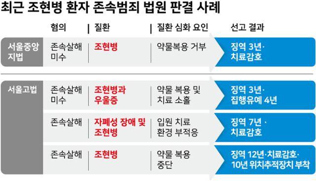 조현병 환자에 의한 존속범죄 관련 최근 법원 판결 사례.