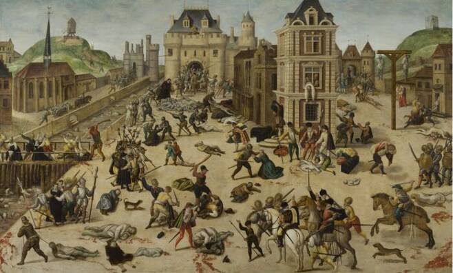 성 바르톨로메오 축일의 학살, 프랑소아 뒤보아 그림(1572-1584). 위그노 전쟁 중 프랑스 파리에서 카톨릭 세력이 개신교 신자인 위그노인들을 대학살한 사건을 그렸다.