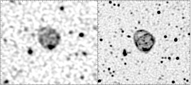 ASKAP 망원경으로 포착한 오드 라디오 서클(왼쪽)과 이를 미어캣 망원경으로 새롭게 포착한 이미지.(사진=EMU / ASKAP / 미어캣)