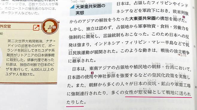 일본군 위안부 동원에 관해 '여성이 위안부로 전지(戰地)에 보내졌다'는 취지의 설명(붉은 밑줄)이 실려 있다.
