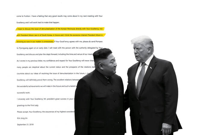 김정은 북한 국무위원장이 2018년 9월21일 트럼프 미국 대통령에게 보낸 서신 내용. 여기서 김 위원장은 "조선반도 비핵화 문제를 문 대통령이 함께하는 게 아닌, 각하와 제가 직접 논의하기를 희망한다"고 썼다.ⓒ연합뉴스