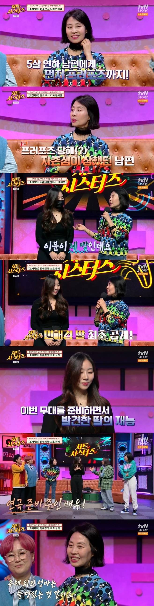 Singer Min Hae-kyung first unveiled her daughter who is preparing for the actor.On TVN STORY Chart Sisters, which aired on April 7, we looked at the chart rankings under the theme of Unconditional Attractive Appetite Songs.Shin Sung-woos Seosi on the fifth place of the aunt chart, Um Jung-hwas Invitation on the fourth, Seo Joo-kyungs Dumb Girl on the third, and Lee Seung-gis My Woman on the second.Kim Shin-Young said, When Lee Seung-gi first came out, he had a good face and a student chairman Feelings.The sister of the people was Moon Geun Young, and the younger brother of the people was Lee Seung-gi. This song was not released, it was a super-luxury cast, one female character, Ahn Young Mi said, introducing Song Eun-yis Imagination music video.At that time, 28-year-old Song Eun-yi, along with Ahn Jae-wook, Jung Sung-hwa, Kim Jin-soo, Shin Dong-yeop and other music videos appeared in the youthful appearance of Seoul Yedae Play and alumni.Shin Bong-sun, who watched the video, said, I was tearful to see this, so cute girl, and Song Eun-yi took off his shoes and burst.In the top spot, Jang Na-ras I am a woman came up.Celeb Five said, Now IU Feelings, and admired the beauty of Jang Na-ra, who is not old at all over the years.On the fifth place on the ancestral chart, Jung Su-ras I to You and Jeon Young-roks Paperology came up in fourth place. Kim Shin-Young said, I used to attend the cathedral.I gave my brother a paper science, he confessed, and he was given a paper science to his brother, who was a member of the Won-Buddhist Court of Justice.Shin Bong-sun laughed, pointing out that the law enforcement brother takes 100% of the mother to have no answer, because of the smell of fragrance.Following the third-placed mind and bodys Only You, Jang Hye-ris The Love You Left for Me came in second place.Min Hae-kyungs facial face to see came up in the top spot, and Min Hae-kyung, the original song, appeared in the studio and showed the stage.One 43-year-old singer, Min Hae-kyung, boasted a unique fashion sense that won the Best Dresser Award for the fifth consecutive year.Min Hae-kyung, who still styles himself to the present, introduced the lingerie look for the first time in the past.When the music video for Miniscutt, released in 1991, was released, Min Hae-kyung boasted that he was still wearing that dress, it still fits.When Shin Bong-sun was worried about the strict social atmosphere at the time, Min Hae-kyung said, The station was in a hurry.When I rehearsed, I was covered and dressed beautifully and released it at the time of the broadcast. Min Hae-kyung also revealed the story of his proposal to his husband, who was five years younger, saying, I just want to get married because I have not been in a month.My husband was hurt by his pride and disappeared the next day. I had an appointment, but he did not show up. The phone called that night.When I was going to America, I thought about it for a month and asked if I thought it was right. I felt the same.We got married in less than 10 months. Following Winners REALLY REALLY, which ranks fifth on the niece chart, Mamamus Decalcomani, which was selected by Min Hae-kyung, rose to fourth place.Min Hae-kyung even danced with a female dancer who covered her face and sang Decalcomani.When Kim Shin-Young praised the choreographer and the breathing fit well, Min Hae-kyung introduced the fact is that this is my daughter.Min Hae-kyung released her daughter Yubin Lee for the first time on the air: Shin Bong-sun and Ahn Young Mi said, The appearance is not unusual.My eyes look like my mother. Yubin Lee mastered the dance by herself and taught her mother Min Hae-kyung to dance.Yubin Lee said he is currently preparing for Play. Yubin Lee said, I am preparing hard. I am trying.Im learning a lot, he said, and when Im on stage, my mother seems to be more amazing, and my mother on stage always seems to be cool.Lovelies Achu in third place, Infinites Lets do it in second place, and IUs Good Day in first place.Celeb Five introduced the three-stage treble and the charm of Aiku, which is a song point, and Min Hae-kyung also digested Aiku in his own color.