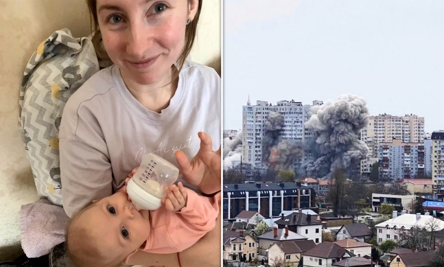 생후 3개월 아기 키라와 엄마 발레리야 흘로단의 모습(왼쪽), 지난 23일(현지시간) 우크라이나 남부 항구도시 오데사의 한 아파트가 러시아군 미사일에 피격당한 모습.