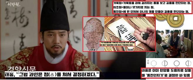 태종은 새로운 후계자를 정함에 있어서 오락가락 행보를 보여준다. 처음엔 적장자 계승에 따라 폐세자의 아들로 정하려 했다가, “점을 쳐서 결정하자”는 의견이 나오자 “거북점 혹은 시초점으로 하겠다”고 번복한다. 태종은 이미 한양을 도성으로 정할 때 척전, 즉 동전던지기점(돈점)으로 결정한 바 있다.