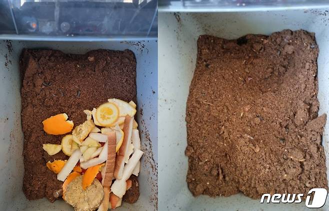 쿠쿠 음식물쓰레기 처리기 투입 전(왼쪽), 투입 후 8시간 지난 모습(오른쪽) © 뉴스1 조현기 기자