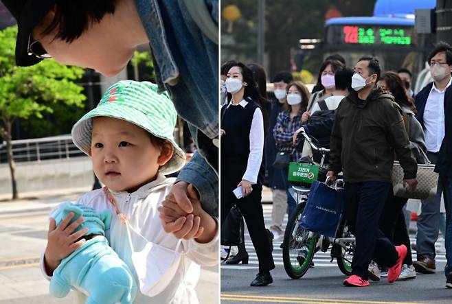 실외 마스크 착용 의무가 해제된 2일 오전 한 모녀가 서울 청계천에서 마스크를 벗은 채 산책을 하고 있다(왼쪽). 한편 서울 광화문네거리 인근에서는 대부분의 시민들이 마스크를 쓴 채 발걸음을 옮기고 있다. 빅해묵 기자