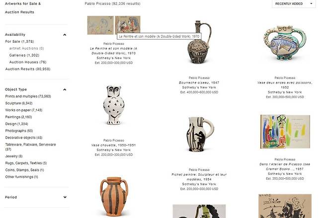 미술품 거래 사이트인 아트네트에 접속해 '피카소'를 입력하면 피카소 작품들의 역대 경매 기록이 나온다.