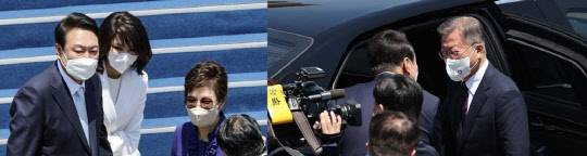 윤석열 대통령 내외가 지난 10일 열린 취임식에서 박근혜 전 대통령을 환송하는 모습(왼쪽)과 윤석열 대통령이 문재인 전 대통령을 환송하는 모습. <연합뉴스>