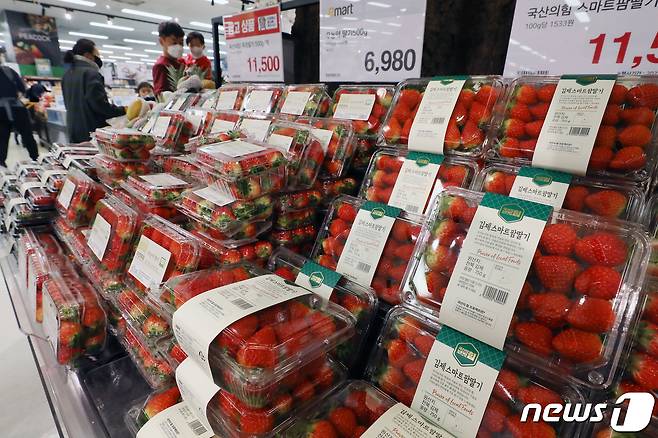 20일 서울의 한 대형마트에서 시민들이 딸기를 고르고 있다. 2022.2.20/뉴스1 © News1 민경석 기자