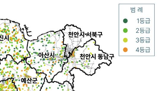 충청남도 빈집 실태와 활용방안 정책지도 천안아산 빈집 분포도. 사진=충남연구원 제공