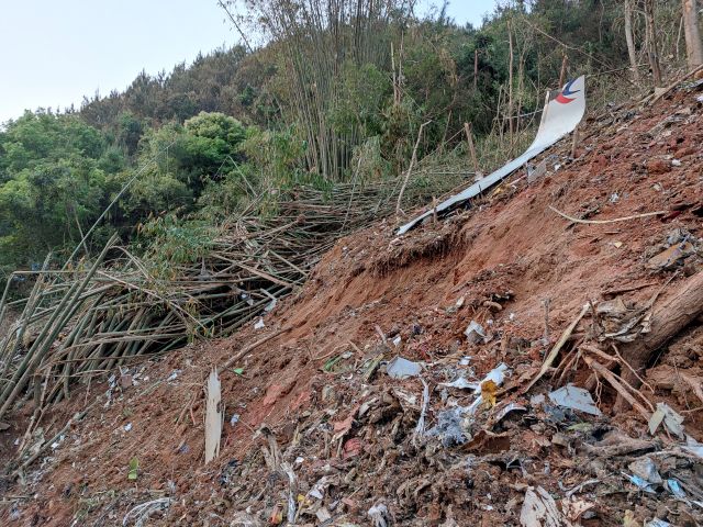 3월 21일 중국 광시좡족자치구 우저우(梧州) 텅현의 중국 동방항공 여객기 추락 사고 현장에 사고기의 잔해가 널려 있다. 연합뉴스