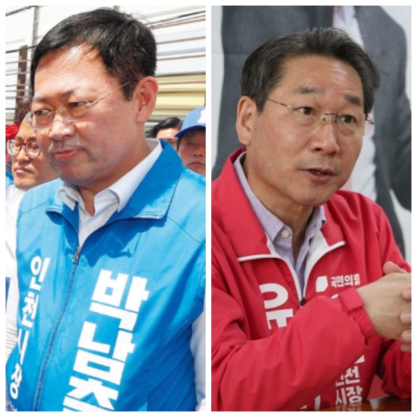 인천광역시장 선거에 출마한 더불어민주당 박남춘 후보〈사진 왼쪽〉와 국민의힘 유정복 후보.