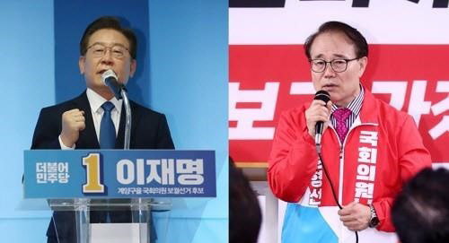 이재명(왼쪽) 민주당 후보와 윤형선 국민의힘 후보. 연합뉴스