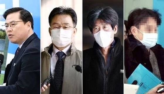 대장동 개발 로비·특혜 의혹으로 재판에 넘겨진 유동규 전 성남도시개발공사 기획본부장(왼쪽부터), 화천대유자산관리 대주주 김만배씨, 남욱 변호사, 정민용 변호사. 연합뉴스