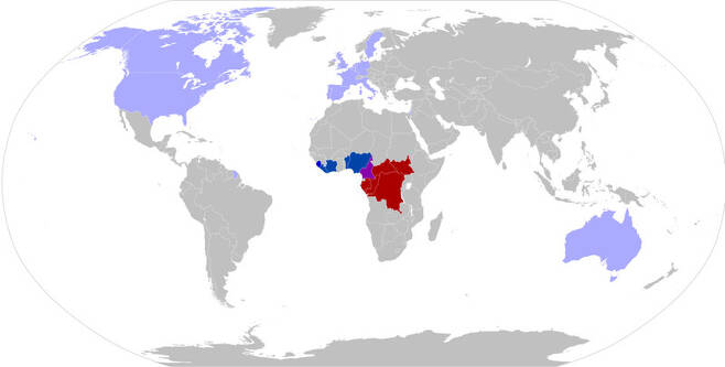 역대 원숭이두창 발병 지역. 보라색 지역이 올해 발병 사례가 보고된 곳이다. 위키피디아