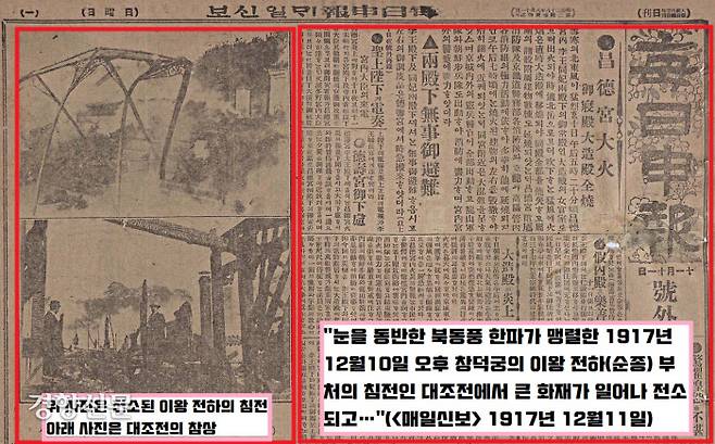 창덕궁 대조전에서 일어난 화재를 보도한 매일신보 1917년 12월 11일자. 순종(이왕 전하)의 침전인 대조전 등이 소실되었다는 내용을 담고 있다.