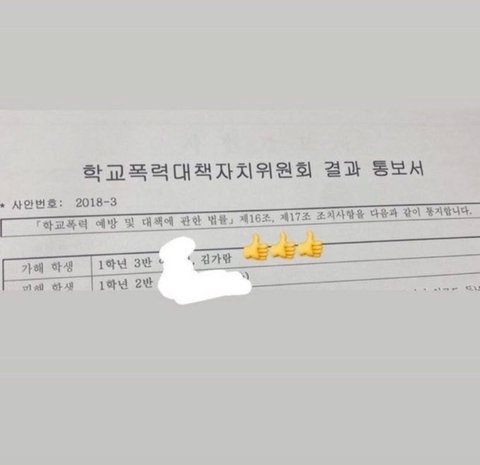 The picture shows a document issued by the Autonomous Committee for Countermeasures against School Violence that alleges Kim Ga-ram of girl group Le Sserafim was a perpetrator of school violence. (Screenshot captured from Nate Pann)