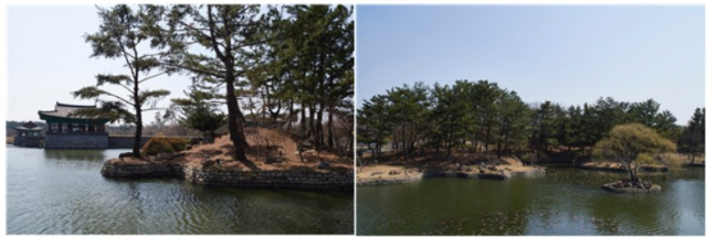 ▲ 왼쪽 사진4. 월지의 굴곡진 호안. 오른쪽 사진5. 월지를 둘러싼 정원은 도교적 분위기를 내는 설계와 조경이다. 못 안에는 3개의 크고 작은 섬이 있다. ⓒ이순희 