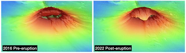 훙가 통가-훙가 하파이 화산이 폭발하기 전인 2016년(왼쪽)과 폭발한 이후인 2022년 3차원 지형도를 비교했다. 폭발 이후 전반적 형태는 달라지지 않은 것이 보인다. 극지연구소 제공