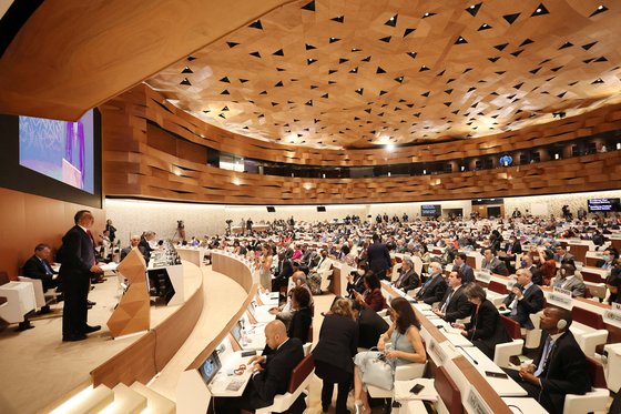 스위스 제네바에 있는 유엔 본부에서 총회가 열리는 모습.[로이터=연합뉴스]