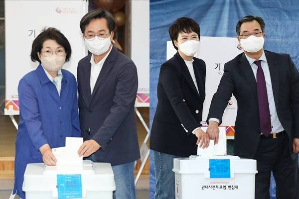 김동연 더불어민주당 경기지사 후보와 김은혜 국민의힘 경기지사 후보가 27일 사전투표를 완료했다. 사진은 이날 투표소를 찾아 사전투표에 참여한 김동연 후보(왼쪽)와 김은혜 후보. /사진=뉴스1