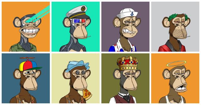 미국 블록체인 스타트업 유가랩스가 발행한 대체불가능토큰(NFT) 컬렉션 '지루한 원숭이들의 요트클럽(BAYC)'. 현재 여러 유명인사가 매입에 뛰어들어 NFT 중 가장 인기가 높다. BAYC 홈페이지