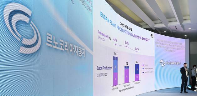 (부산=뉴스1) 김영훈 기자 = 스테판 드블레즈 르노코리아자동차 대표이사가 16일 부산 강서구 르노코리아자동차 부산공장에서 새 비전 발표회를 열고 변경된 사명과 새로운 로고를 공개하고 있다. 2022.3.16/뉴스1