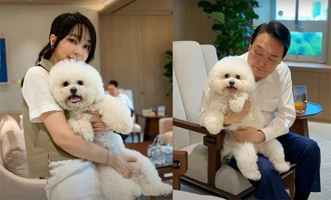 윤석열 대통령(오른쪽)과 부인 김건희 여사가 지난달 28일 용산 대통령실 청사 집무실에서 반려견과 함께 앉아 있는 모습. 강신업 변호사 페이스북 갈무리