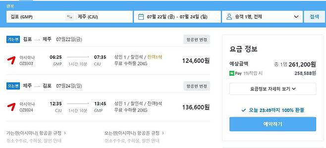 7월 중순 제주 왕복 항공권 검색 결과(마이리얼트립 홈페이지 캡처)© 뉴스1