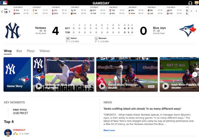 한국야구위원회(KBO)는 궁극적으로 메이저리그 공식홈페이지(MLB닷컴) 처럼 데이터와 영상, 뉴스 등을 한 눈에 볼 수 있는 서비스 제공을 원하고 있다. 사진출처 | MLB닷컴 캡처