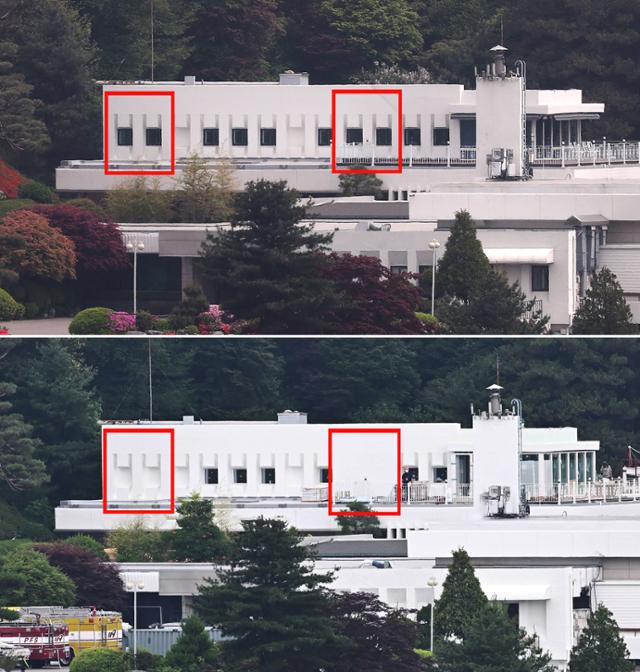 외교부 장관 공관 주거동의 4월 25일 모습(위)과 20일 촬영된 모습. 총 10개의 창문 중 4개가 폐쇄돼 있다. 뉴스1·고영권 기자