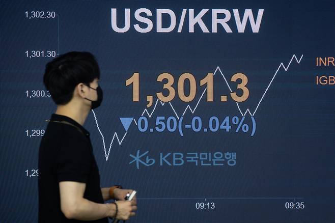 24일 서울 여의도 KB국민은행 스마트딜링룸 전광판에 달러/원 환율이 전날 대비 0.5원(-0.04%) 내린 1301.3원을 나타내고 있다. /뉴스1