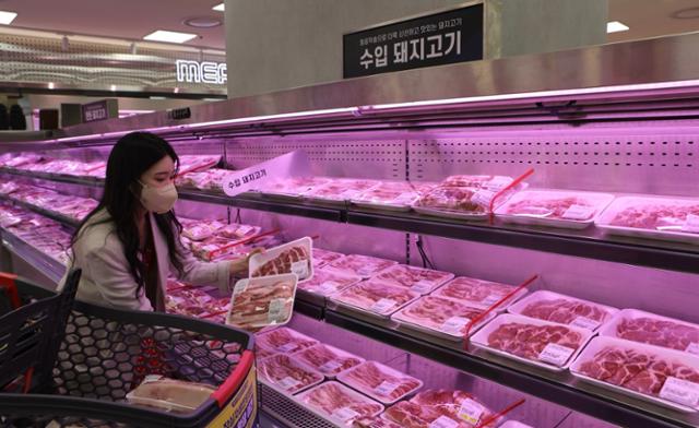 서울 잠실 롯데마트 제타플렉스 점에서 고객이 캐나다산 돼지고기를 고르고 있다. 롯데마트 제공