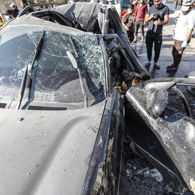 2020년 9월 시리아 북서부 이들리브주에서 닌자 미사일에 파괴된 자동차의 모습. (사진= 트위터 @natsecjeff)
