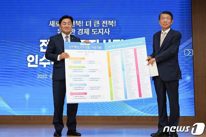 29일 전북 전주상공회의소 대강당에서 전북도지사직 인수위원회의 중간보고회가 열린 가운데 김관영 전북지사 당선인(왼쪽)과 은성수 도지사직 인수위원장(오른쪽)이 민선 8기 전북도정 운영 방향을 선보이고 있다.(전북도 제공)2022.6.29/ © 뉴스1