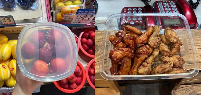 마포구에 있는 전통시장 청과물 가게에서 구매한 자두(왼쪽)와 서대문구 한 프랜차이즈 치킨집에서 포장한 치킨(오른쪽)/ 김민소 기자